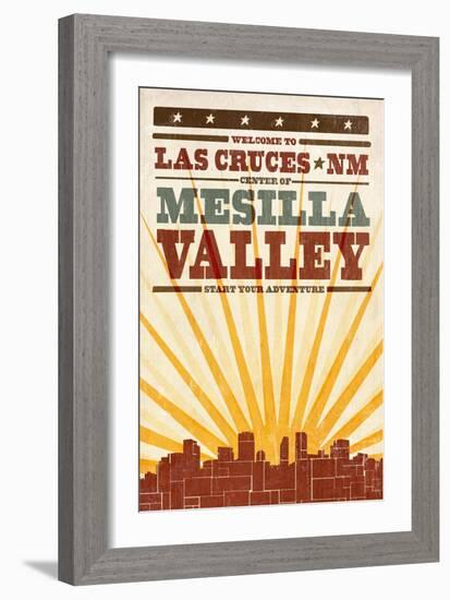 Las Cruces, New Mexico - Skyline and Sunburst Screenprint Style-Lantern Press-Framed Art Print