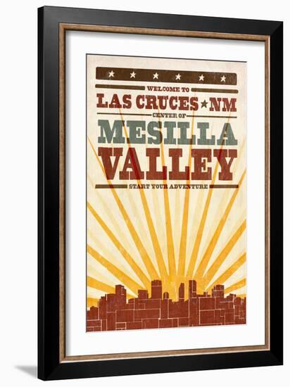 Las Cruces, New Mexico - Skyline and Sunburst Screenprint Style-Lantern Press-Framed Art Print