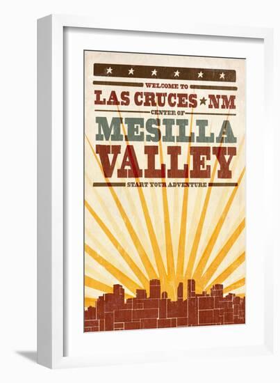 Las Cruces, New Mexico - Skyline and Sunburst Screenprint Style-Lantern Press-Framed Art Print