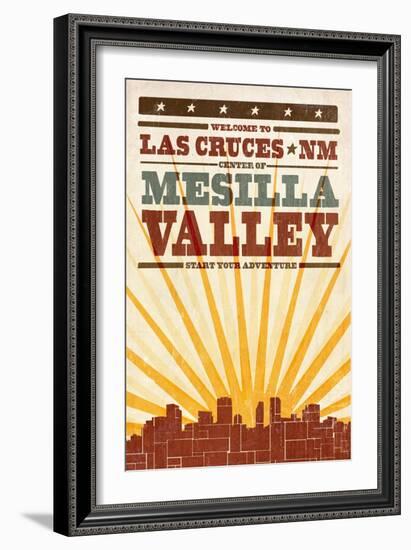 Las Cruces, New Mexico - Skyline and Sunburst Screenprint Style-Lantern Press-Framed Art Print