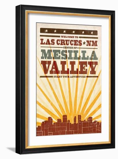 Las Cruces, New Mexico - Skyline and Sunburst Screenprint Style-Lantern Press-Framed Art Print