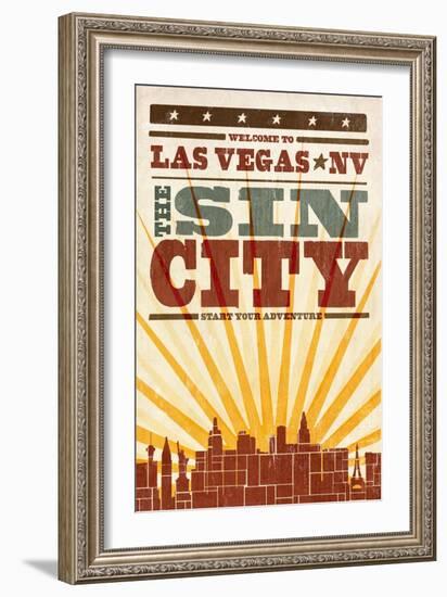 Las Vegas, Nevada - Skyline and Sunburst Screenprint Style-Lantern Press-Framed Art Print