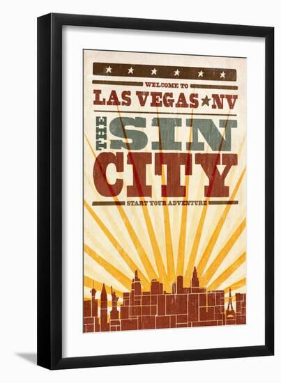 Las Vegas, Nevada - Skyline and Sunburst Screenprint Style-Lantern Press-Framed Art Print