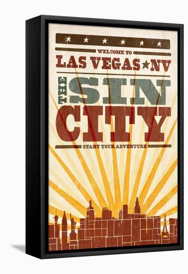 Las Vegas, Nevada - Skyline and Sunburst Screenprint Style-Lantern Press-Framed Stretched Canvas