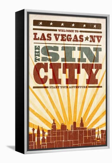Las Vegas, Nevada - Skyline and Sunburst Screenprint Style-Lantern Press-Framed Stretched Canvas