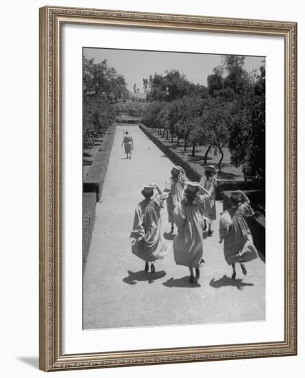 Late For Graduation, Five Seniors Holding on to Their Caps and Race to the Ceremony-Ed Clark-Framed Photographic Print