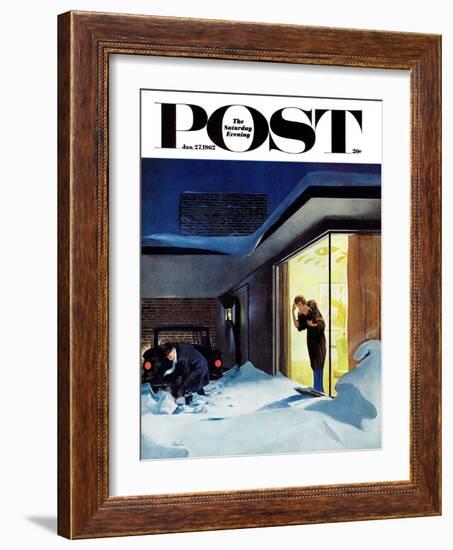 "Late for Party Due to Snow," Saturday Evening Post Cover, January 27, 1962-George Hughes-Framed Giclee Print