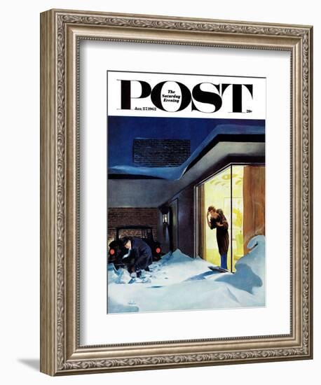 "Late for Party Due to Snow," Saturday Evening Post Cover, January 27, 1962-George Hughes-Framed Giclee Print