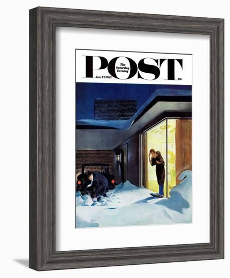 "Late for Party Due to Snow," Saturday Evening Post Cover, January 27, 1962-George Hughes-Framed Giclee Print