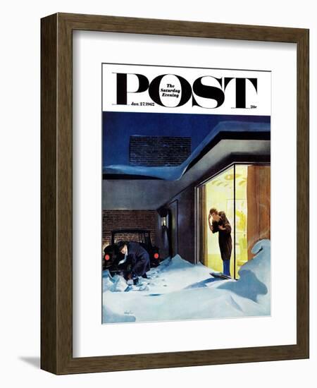 "Late for Party Due to Snow," Saturday Evening Post Cover, January 27, 1962-George Hughes-Framed Giclee Print