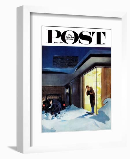 "Late for Party Due to Snow," Saturday Evening Post Cover, January 27, 1962-George Hughes-Framed Giclee Print