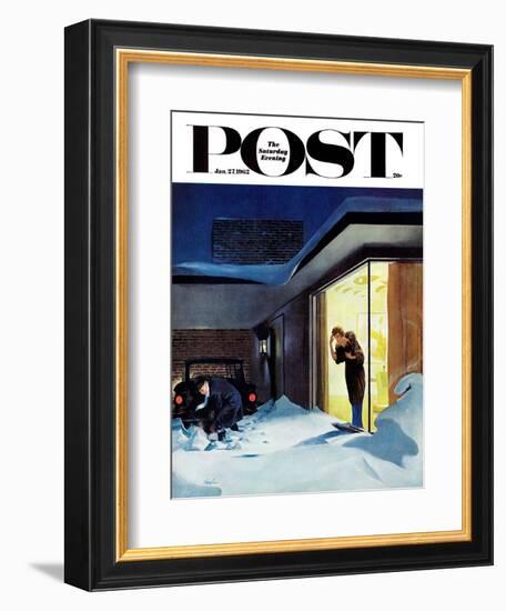 "Late for Party Due to Snow," Saturday Evening Post Cover, January 27, 1962-George Hughes-Framed Giclee Print