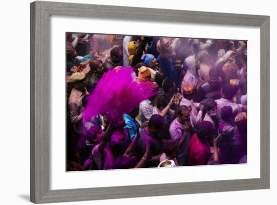 Lathmar Holi Celebrations in Bankei Bihari Temple, Vrindavan, Braj, Uttar Pradesh, India, Asia-Ben Pipe-Framed Photographic Print