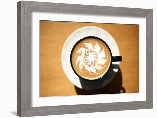 Latte Art, Designs Drawn With Steamed Milk In Hot Fresh Rich Coffee In A Ceramic Coffee Cup-mikeledray-Framed Art Print