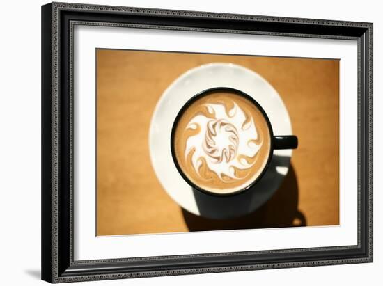 Latte Art, Designs Drawn With Steamed Milk In Hot Fresh Rich Coffee In A Ceramic Coffee Cup-mikeledray-Framed Art Print