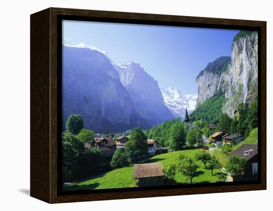 Lauterbrunnen and Staubbach Falls, Jungfrau Region, Swiss Alps, Switzerland, Europe-Roy Rainford-Framed Premier Image Canvas