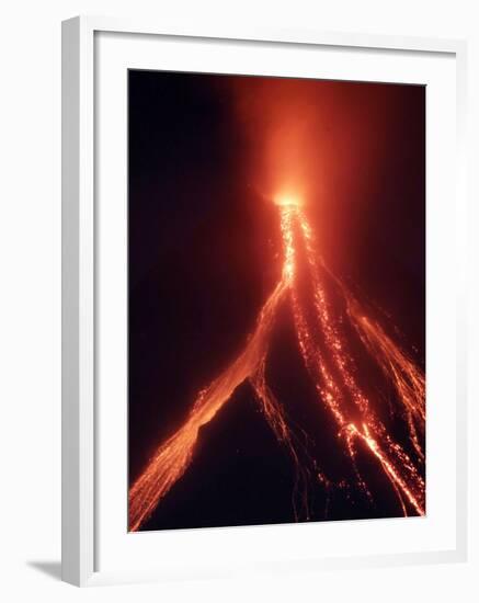 Lava Cascades Down the Slopes of Mayon Volcano in a Continuing Mild Eruption at Dusk, Philippines-null-Framed Photographic Print