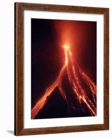 Lava Cascades Down the Slopes of Mayon Volcano in a Continuing Mild Eruption at Dusk, Philippines-null-Framed Photographic Print