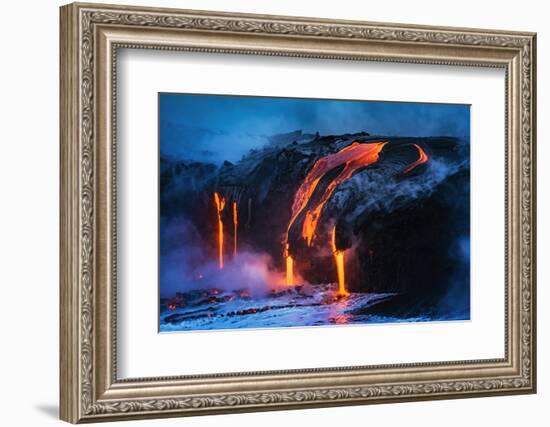 Lava flow entering the ocean at dawn, Hawaii Volcanoes National Park, The Big Island, Hawaii, USA-Russ Bishop-Framed Photographic Print