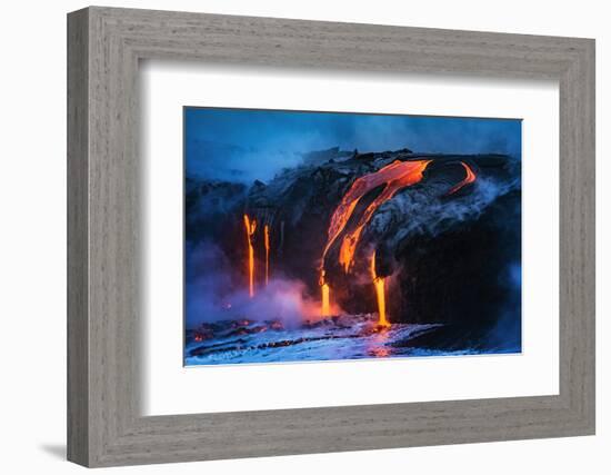 Lava flow entering the ocean at dawn, Hawaii Volcanoes National Park, The Big Island, Hawaii, USA-Russ Bishop-Framed Photographic Print