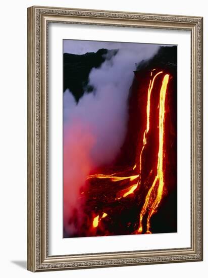 Lava Flowing Down Cliff Into the Ocean-Brad Lewis-Framed Photographic Print