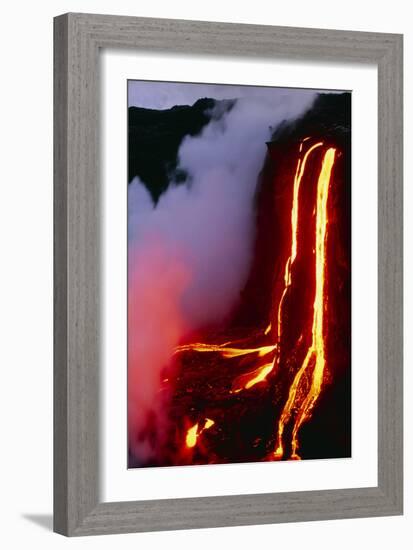 Lava Flowing Down Cliff Into the Ocean-Brad Lewis-Framed Photographic Print