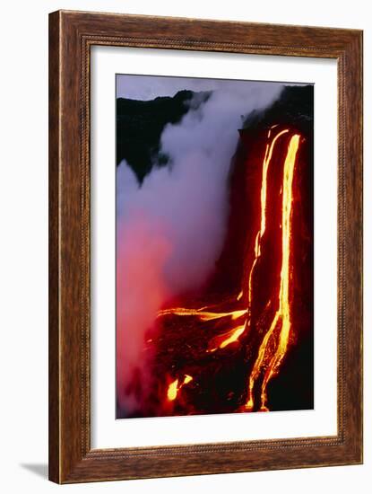 Lava Flowing Down Cliff Into the Ocean-Brad Lewis-Framed Photographic Print