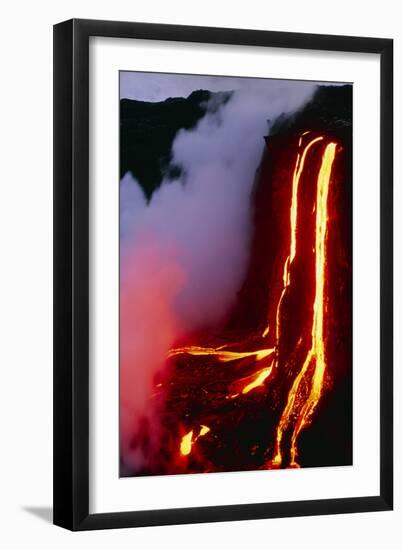 Lava Flowing Down Cliff Into the Ocean-Brad Lewis-Framed Photographic Print