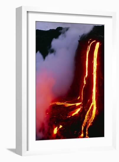 Lava Flowing Down Cliff Into the Ocean-Brad Lewis-Framed Photographic Print