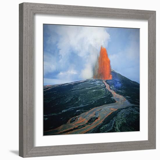 Lava fountain in Pu'u O'o Vent on Kilauea Volcano-Douglas Peebles-Framed Photographic Print