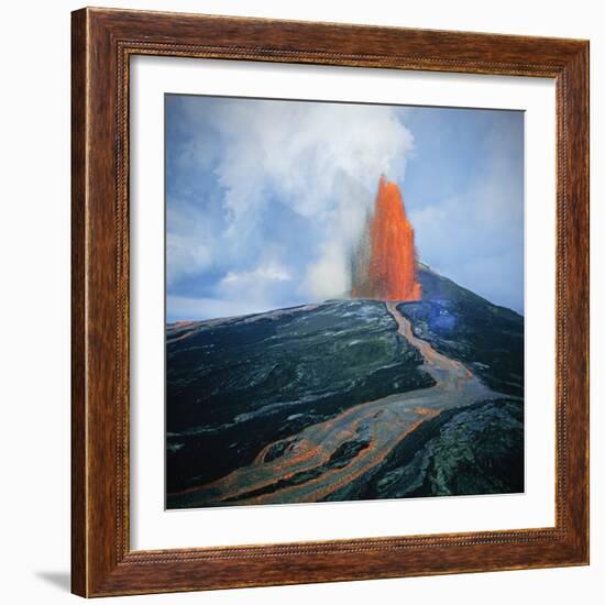 Lava fountain in Pu'u O'o Vent on Kilauea Volcano-Douglas Peebles-Framed Photographic Print