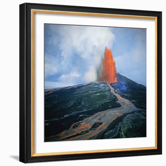 Lava fountain in Pu'u O'o Vent on Kilauea Volcano-Douglas Peebles-Framed Photographic Print