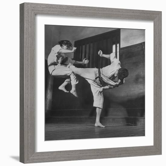 Law Student Gojuro Harada Uses Right Foot on the stomach to ward off attack of economics student-John Florea-Framed Photographic Print