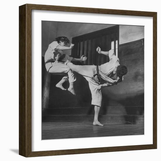 Law Student Gojuro Harada Uses Right Foot on the stomach to ward off attack of economics student-John Florea-Framed Photographic Print