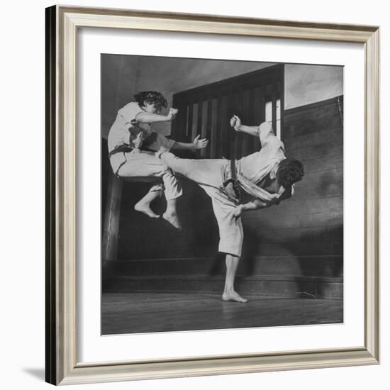 Law Student Gojuro Harada Uses Right Foot on the stomach to ward off attack of economics student-John Florea-Framed Photographic Print