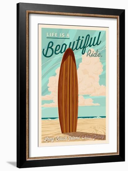 LBI, New Jersey - Life is a Beautiful Ride - Surfboard - Letterpress-Lantern Press-Framed Art Print