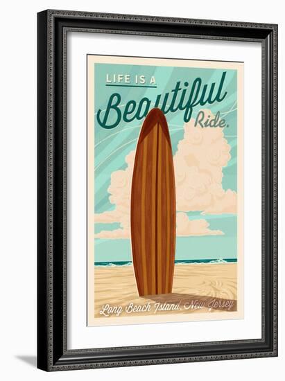 LBI, New Jersey - Life is a Beautiful Ride - Surfboard - Letterpress-Lantern Press-Framed Art Print