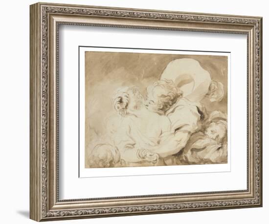 Le Baiser (The Kiss) (Black Chalk, Brush & Brown Ink with Brown Wash on Paper)-Jean-Honore Fragonard-Framed Giclee Print