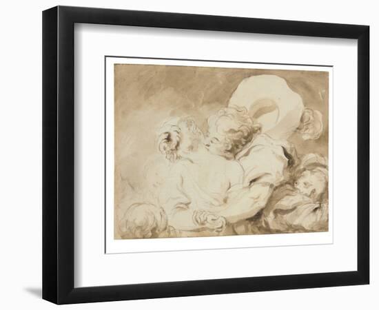 Le Baiser (The Kiss) (Black Chalk, Brush & Brown Ink with Brown Wash on Paper)-Jean-Honore Fragonard-Framed Giclee Print