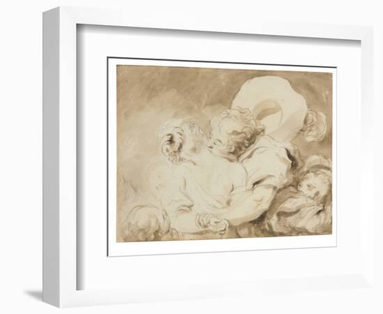 Le Baiser (The Kiss) (Black Chalk, Brush & Brown Ink with Brown Wash on Paper)-Jean-Honore Fragonard-Framed Giclee Print