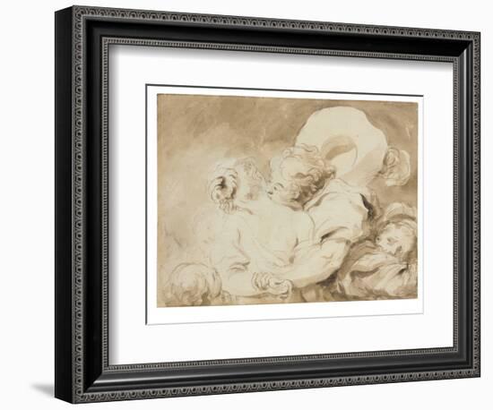 Le Baiser (The Kiss) (Black Chalk, Brush & Brown Ink with Brown Wash on Paper)-Jean-Honore Fragonard-Framed Giclee Print