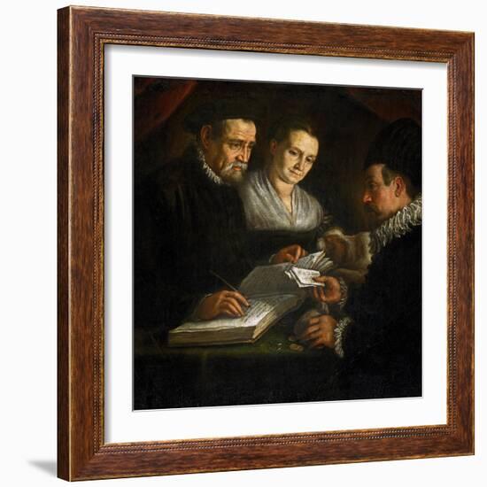 Le Changeur D'argent Orazio Lago, Son Epouse Et Un Client - the Money-Changer Orazio Lago, His Wife-Leandro Da Ponte Bassano-Framed Giclee Print