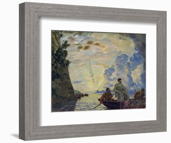 Le Chef Cosaque Stepan (Stenka) Timofeievitch Razine (1630-1671) Dans Une Barque. Il Mena Un Soulev-Boris Mikhailovich Kustodiev-Framed Giclee Print