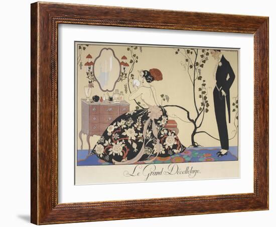 Le grand décolletage A woman sitting at her dressing table, admired by a man-Georges Barbier-Framed Giclee Print