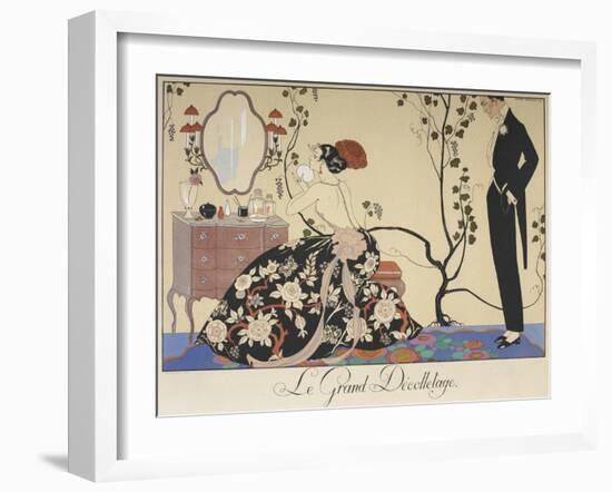 Le grand décolletage A woman sitting at her dressing table, admired by a man-Georges Barbier-Framed Giclee Print