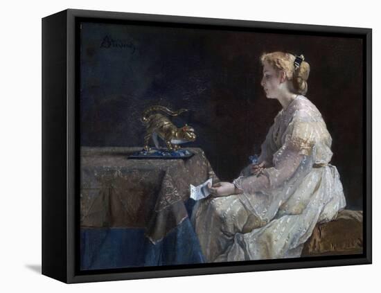 Le Present  Une Jeune Femme Decouvrant Une Statuette De Chat - Peinture D'alfred Stevens (1823-190-Alfred Emile Stevens-Framed Premier Image Canvas