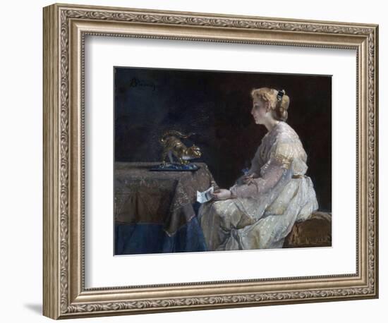 Le Present  Une Jeune Femme Decouvrant Une Statuette De Chat - Peinture D'alfred Stevens (1823-190-Alfred Emile Stevens-Framed Giclee Print