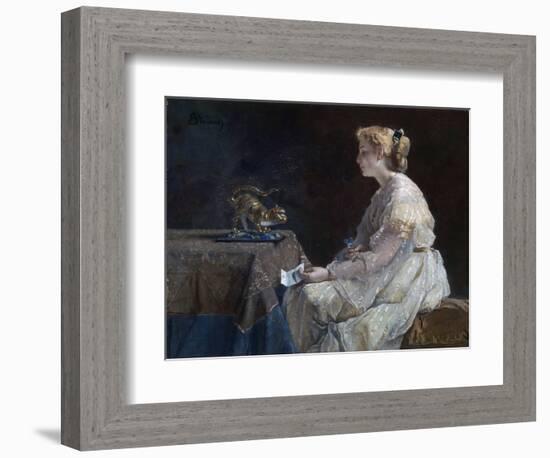 Le Present  Une Jeune Femme Decouvrant Une Statuette De Chat - Peinture D'alfred Stevens (1823-190-Alfred Emile Stevens-Framed Giclee Print