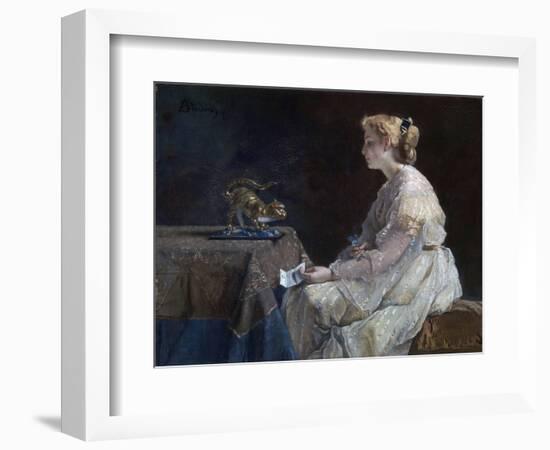 Le Present  Une Jeune Femme Decouvrant Une Statuette De Chat - Peinture D'alfred Stevens (1823-190-Alfred Emile Stevens-Framed Giclee Print