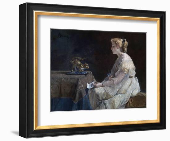 Le Present  Une Jeune Femme Decouvrant Une Statuette De Chat - Peinture D'alfred Stevens (1823-190-Alfred Emile Stevens-Framed Giclee Print